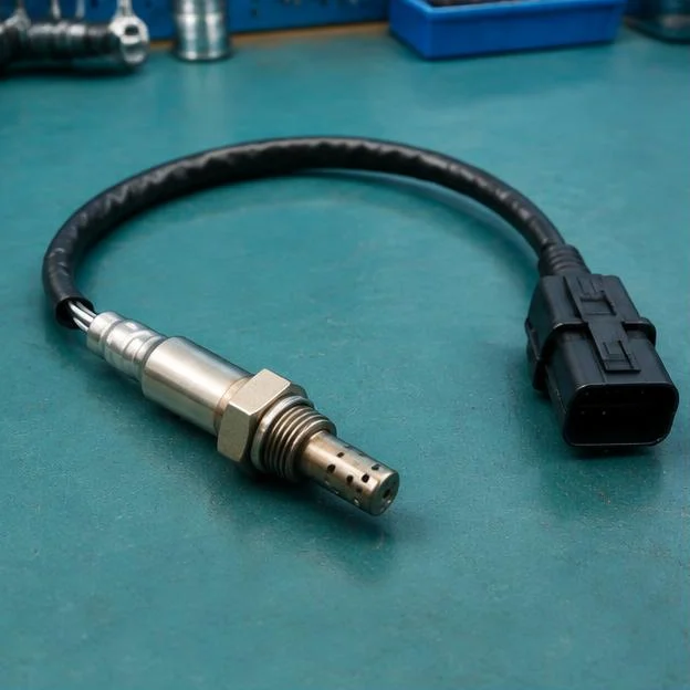 AI-generated illustration: Close-up of a NOx sensor with silver probe and black electrical cable on a clean teal workshop bench.