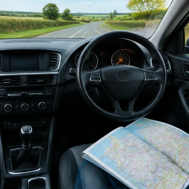 AI-generated illustration: Wide view into a modern diesel car cockpit, amber warning indicator and road atlas on passenger seat, no readable dashboard numbers.