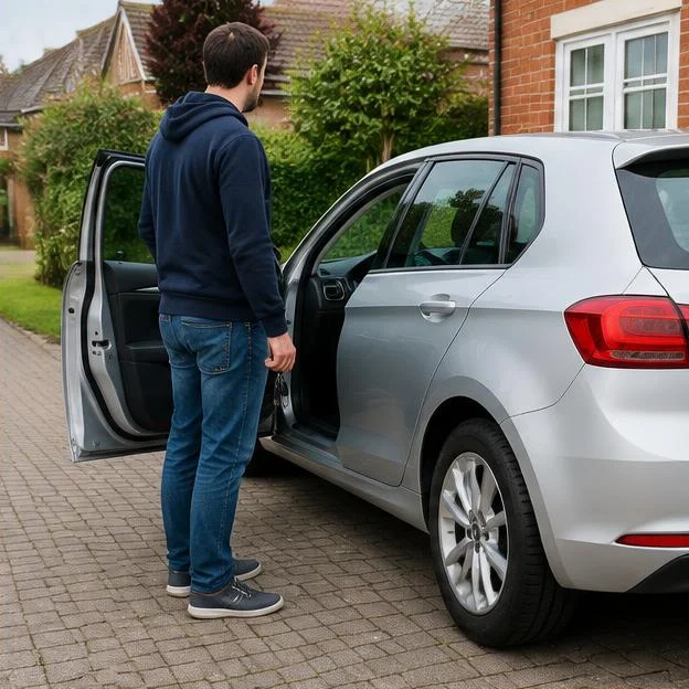 AI-generated illustration: Driver holding car keys beside an open silver hatchback door in an English driveway, concerned journey preparation.