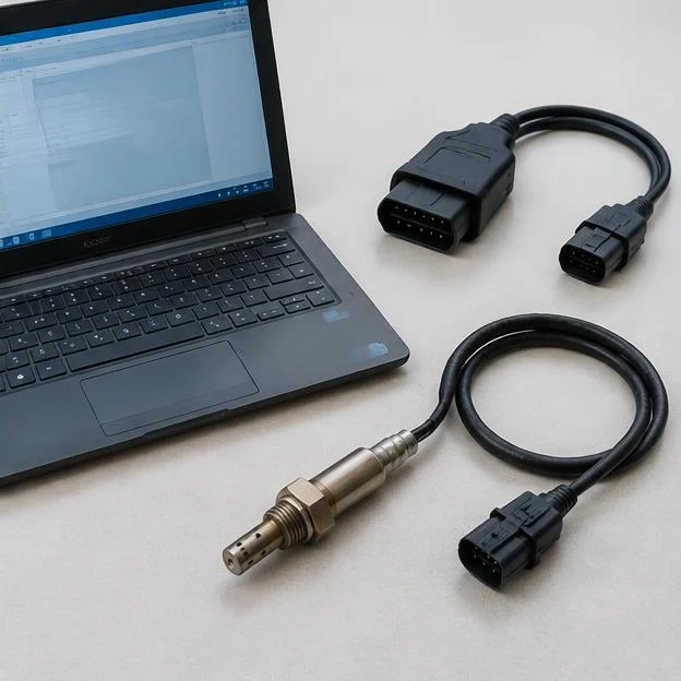 AI-generated illustration: Laptop, diagnostic connector and small exhaust sensor arranged side by side on a pale workbench.