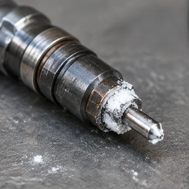 AI-generated illustration: Macro photograph of removed metallic exhaust dosing injector with white crystalline residue on its tip.