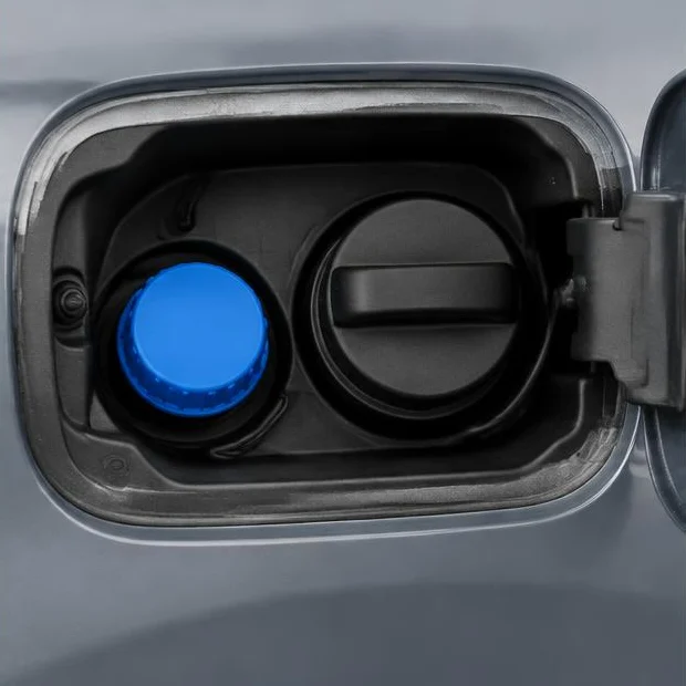 AI-generated illustration: Close-up of blue filler cap beside black diesel fuel cap in open fuel flap of grey car.