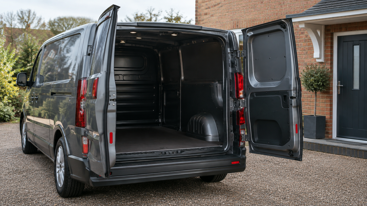 Illustrative photograph of a modern van with its rear doors open on a UK driveway.