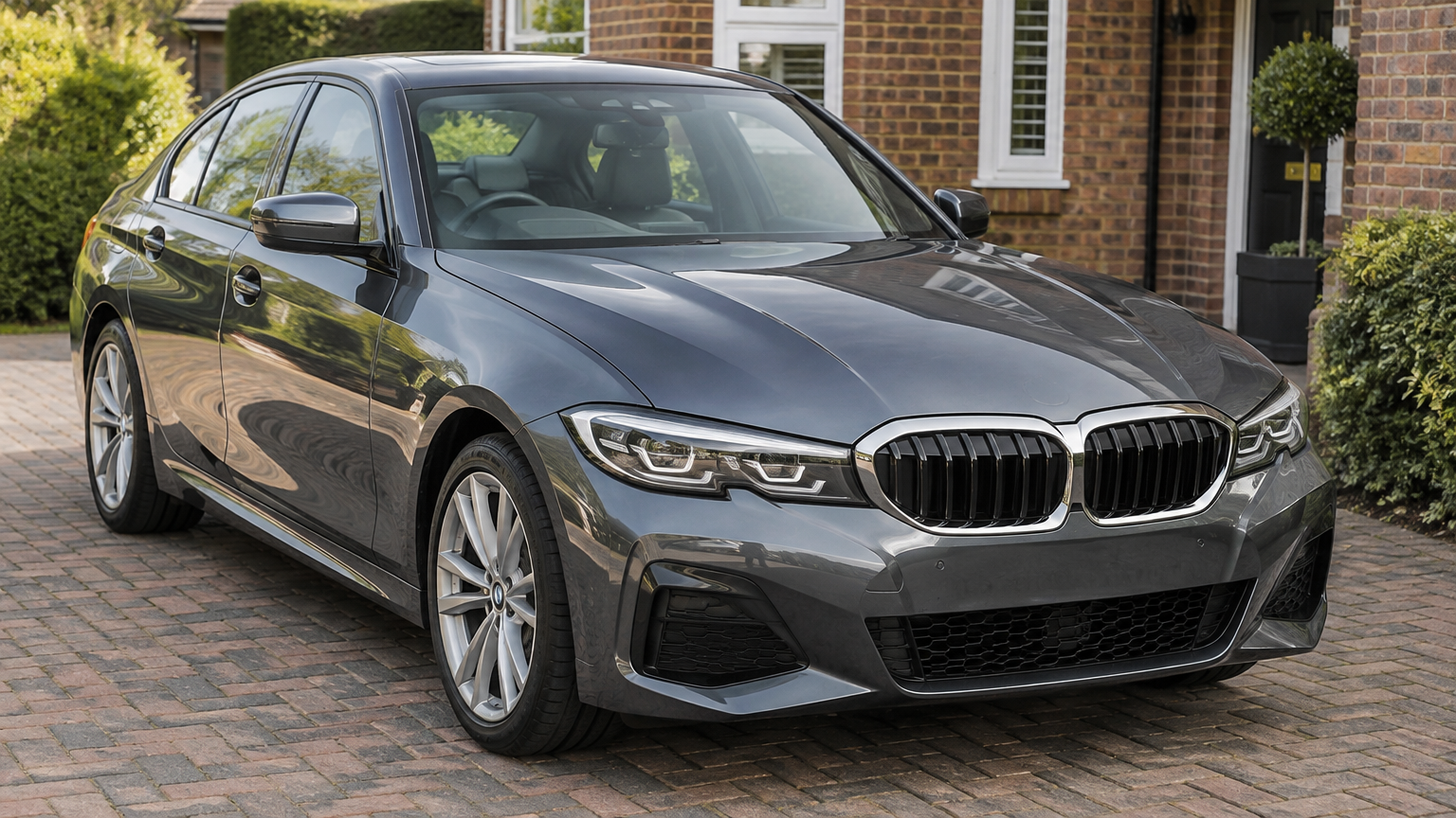 Illustrative photograph of a BMW 320d saloon parked on a brick-paved UK driveway in natural daylight.