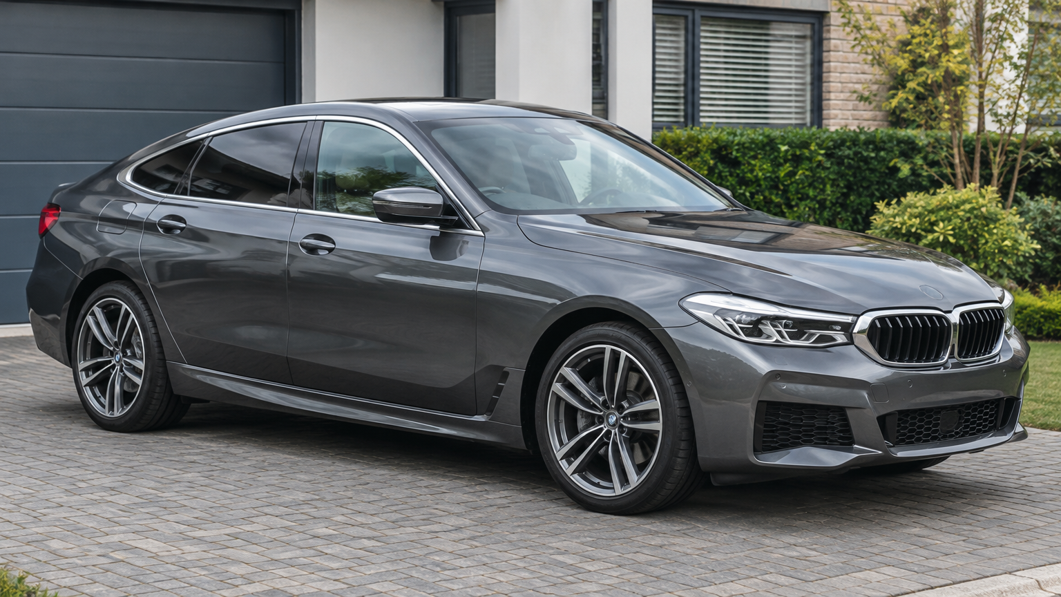Illustrative grey BMW 6 Series Gran Turismo parked on a UK driveway in natural daylight.