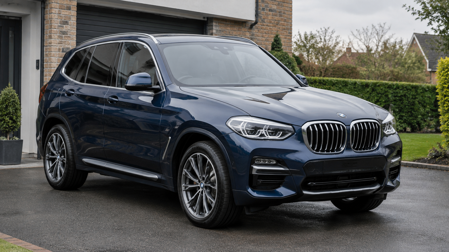 Illustrative photograph of a grey third-generation BMW X3 parked on a British driveway in natural daylight.
