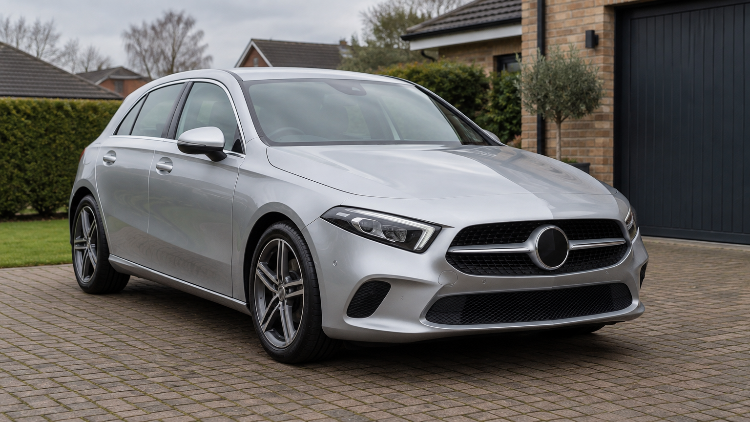 Illustrative silver Mercedes-Benz A-Class hatchback parked on a UK driveway in natural daylight.