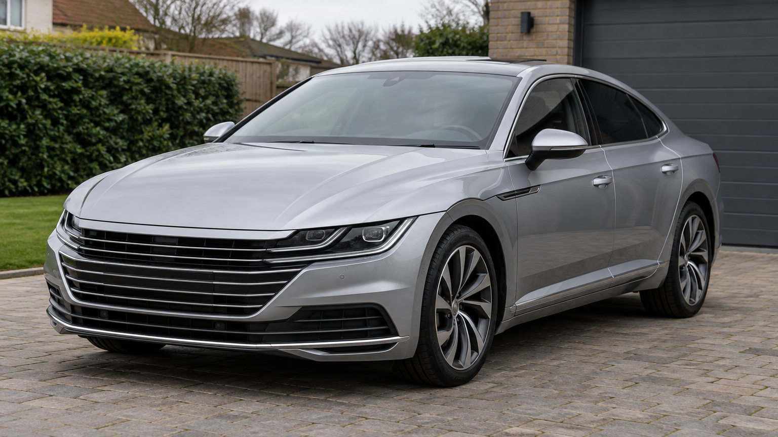 Illustrative silver Volkswagen Arteon parked on a UK residential driveway in natural daylight.