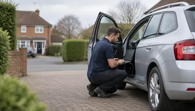 Mobile automotive technician working on a vehicle